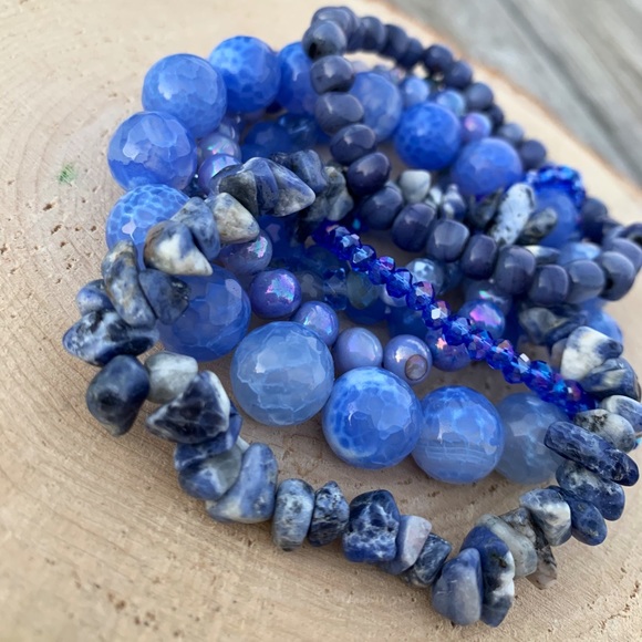 Natural Blue Agate & Kyanite Gemstone Mixed Smooth Round Bead Bracelet Stack - Picture 8 of 12